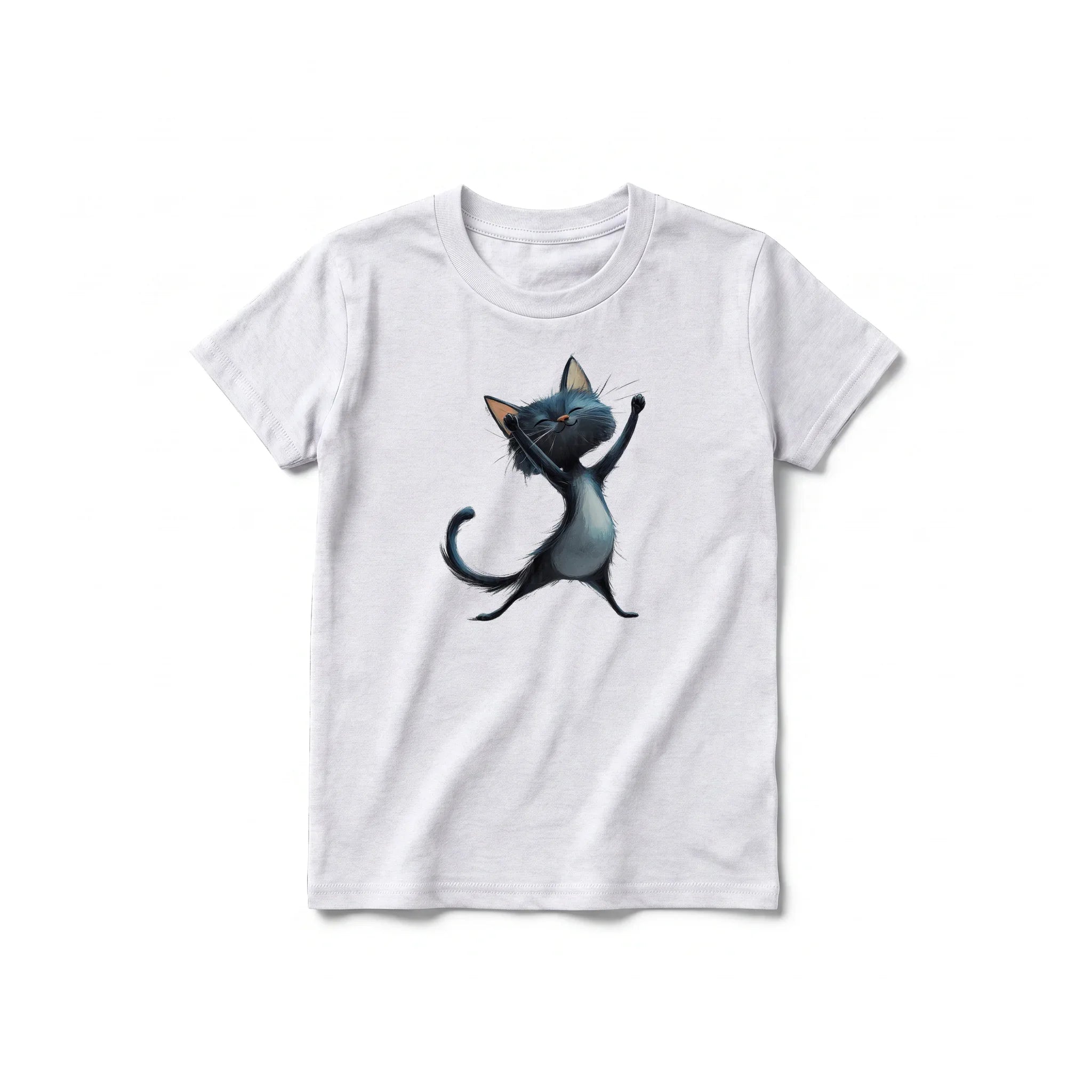 A ash grey short-sleeve crewneck t-shirt for youth featuring a graphic of a cat on the front.