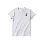 A ash grey short-sleeve crewneck t-shirt for youth featuring a graphic of a cat on the left chest.