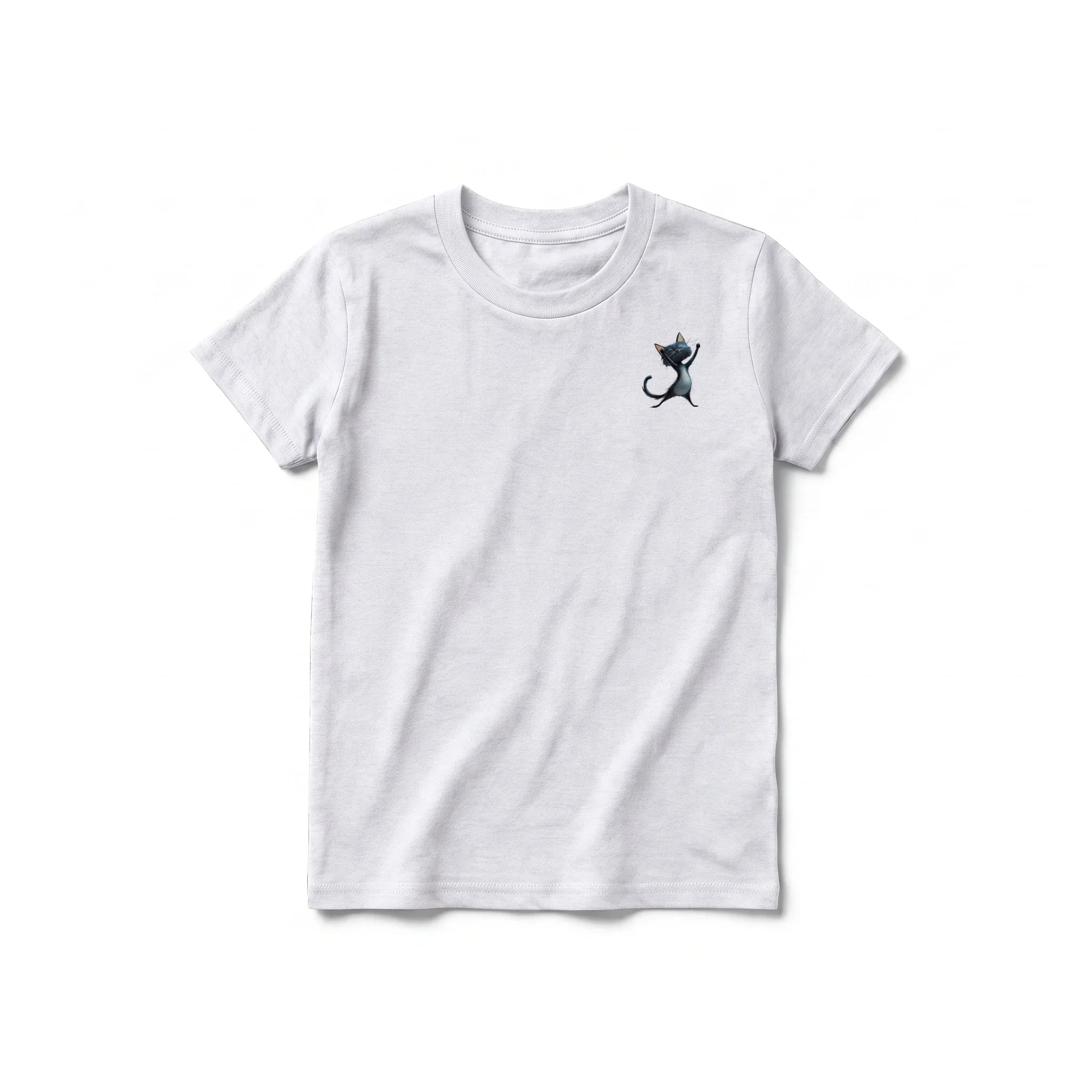A ash grey short-sleeve crewneck t-shirt for youth featuring a graphic of a cat on the left chest.