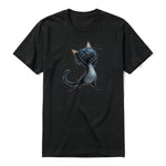 A black short-sleeve crewneck t-shirt for adult featuring a graphic of a cat on the front.