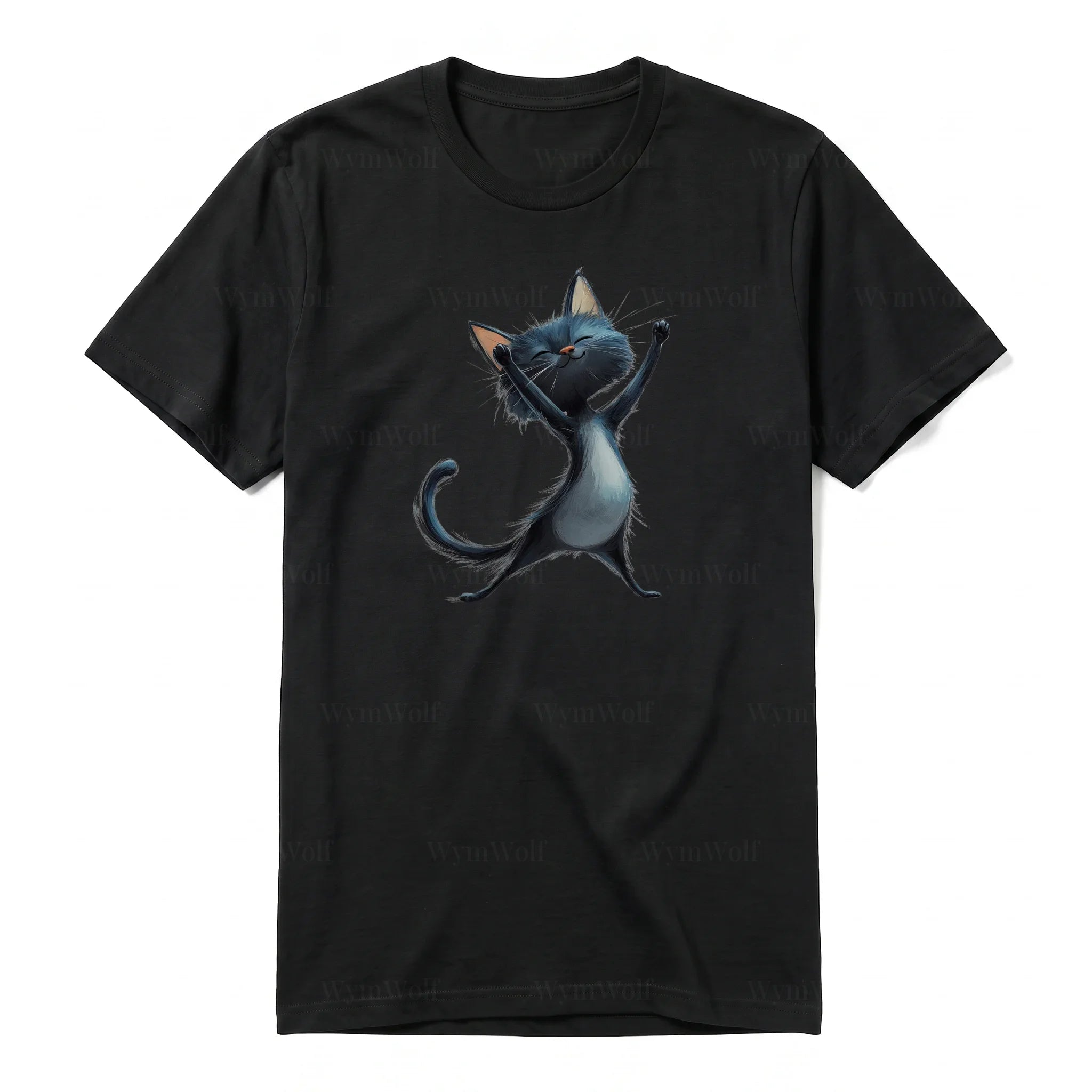 A black short-sleeve crewneck t-shirt for adult featuring a graphic of a cat on the front.
