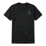 A black short-sleeve crewneck t-shirt for adult featuring a graphic of a cat on the left chest.