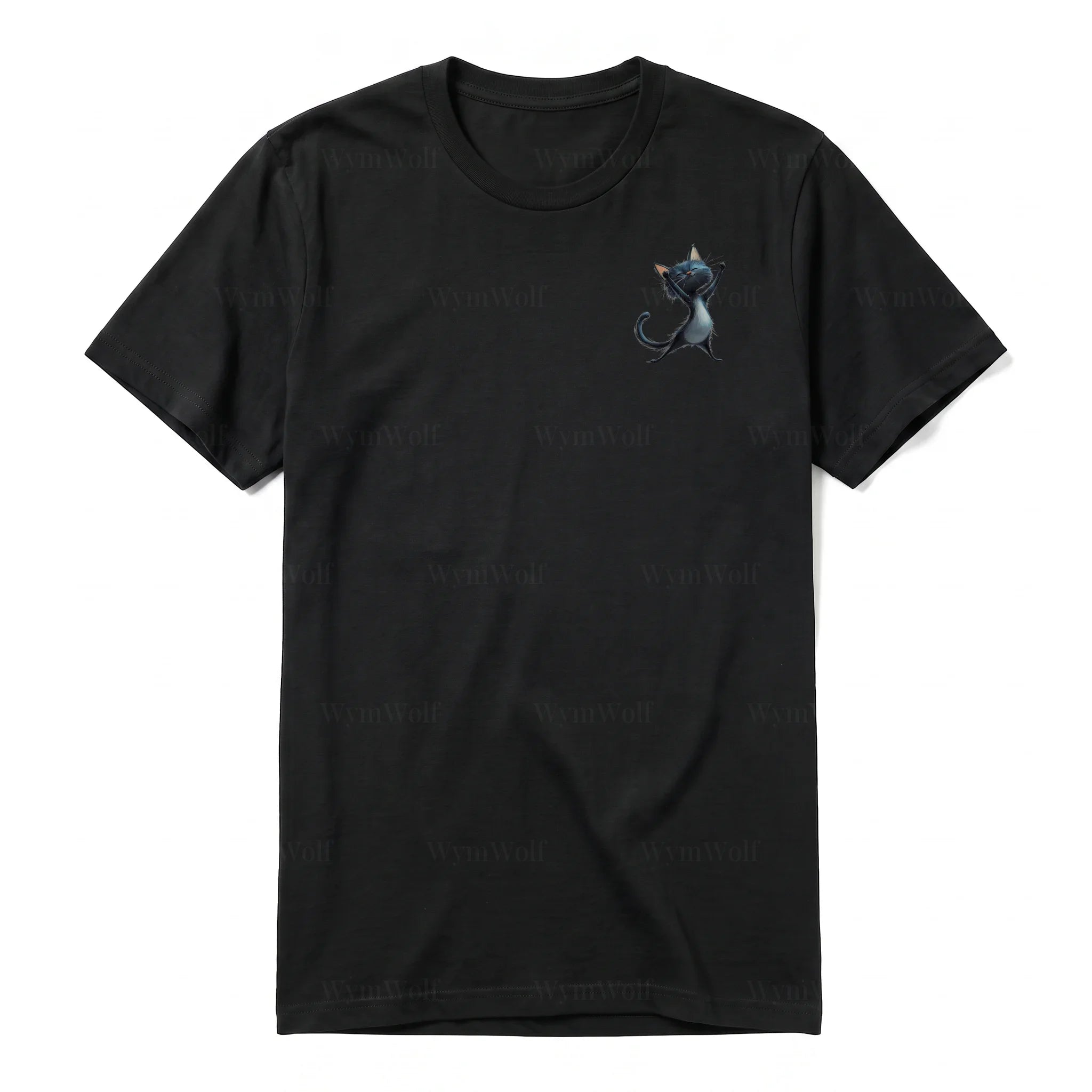 A black short-sleeve crewneck t-shirt for adult featuring a graphic of a cat on the left chest.