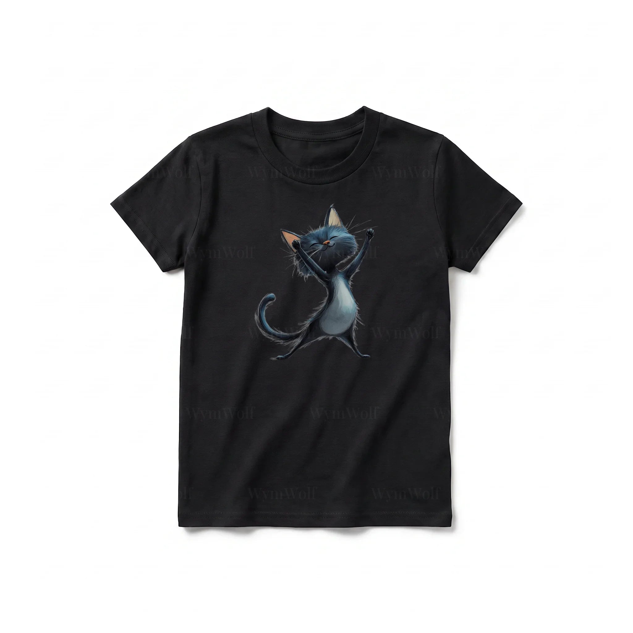 A black short-sleeve crewneck t-shirt for youth featuring a graphic of a cat on the front.