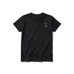 A black short-sleeve crewneck t-shirt for youth featuring a graphic of a cat on the left chest.