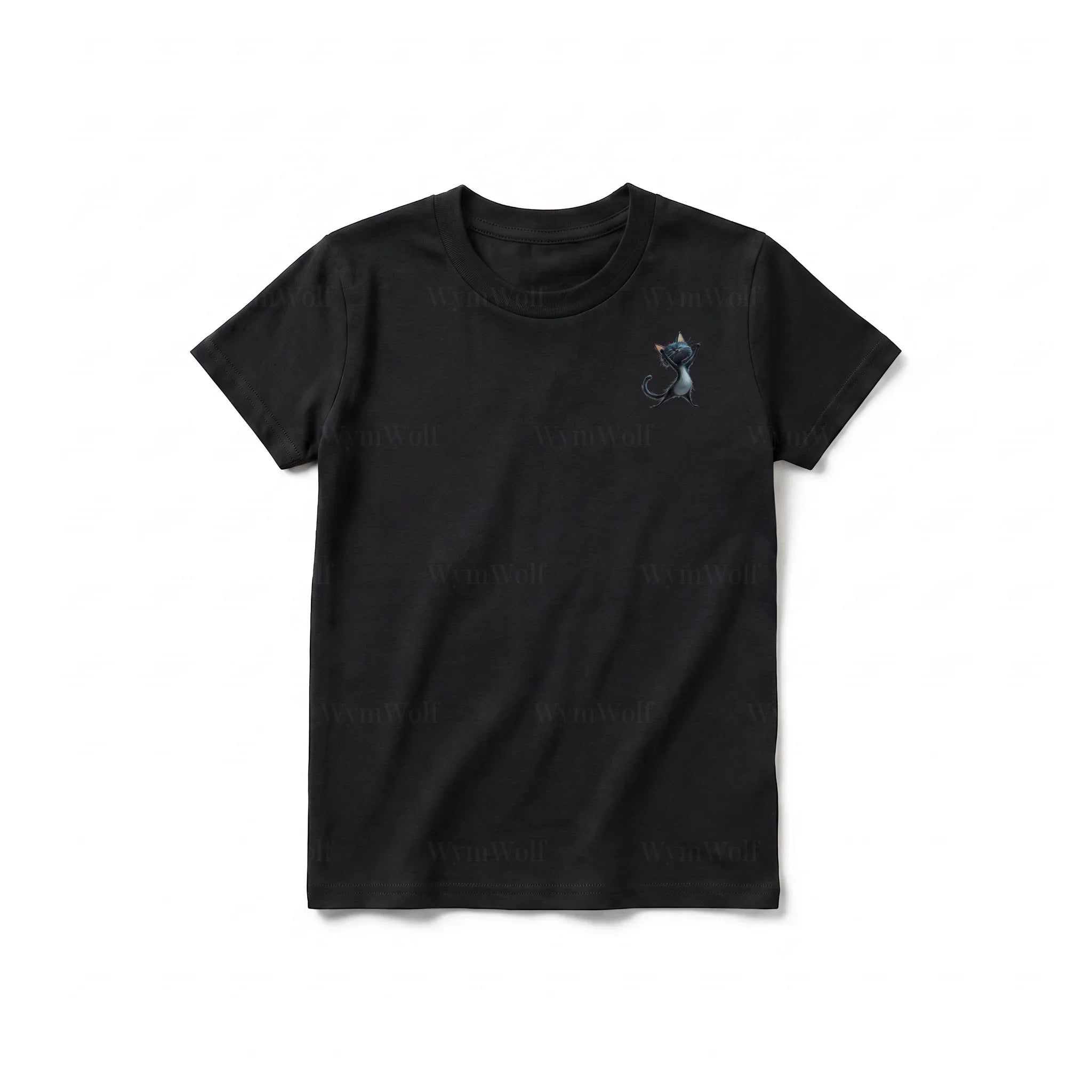 A black short-sleeve crewneck t-shirt for youth featuring a graphic of a cat on the left chest.