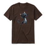 A chocolate short-sleeve crewneck t-shirt for adult featuring a graphic of a cat on the front.
