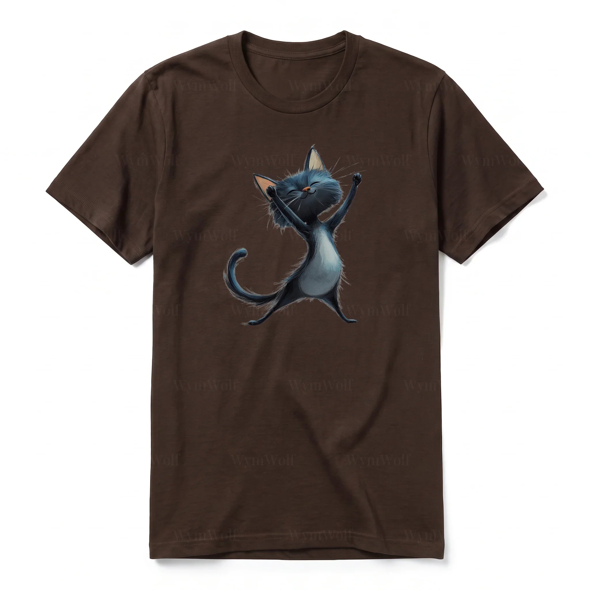 A chocolate short-sleeve crewneck t-shirt for adult featuring a graphic of a cat on the front.