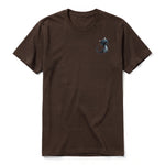 A chocolate short-sleeve crewneck t-shirt for adult featuring a graphic of a cat on the left chest.