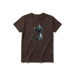 A chocolate short-sleeve crewneck t-shirt for youth featuring a graphic of a cat on the front.
