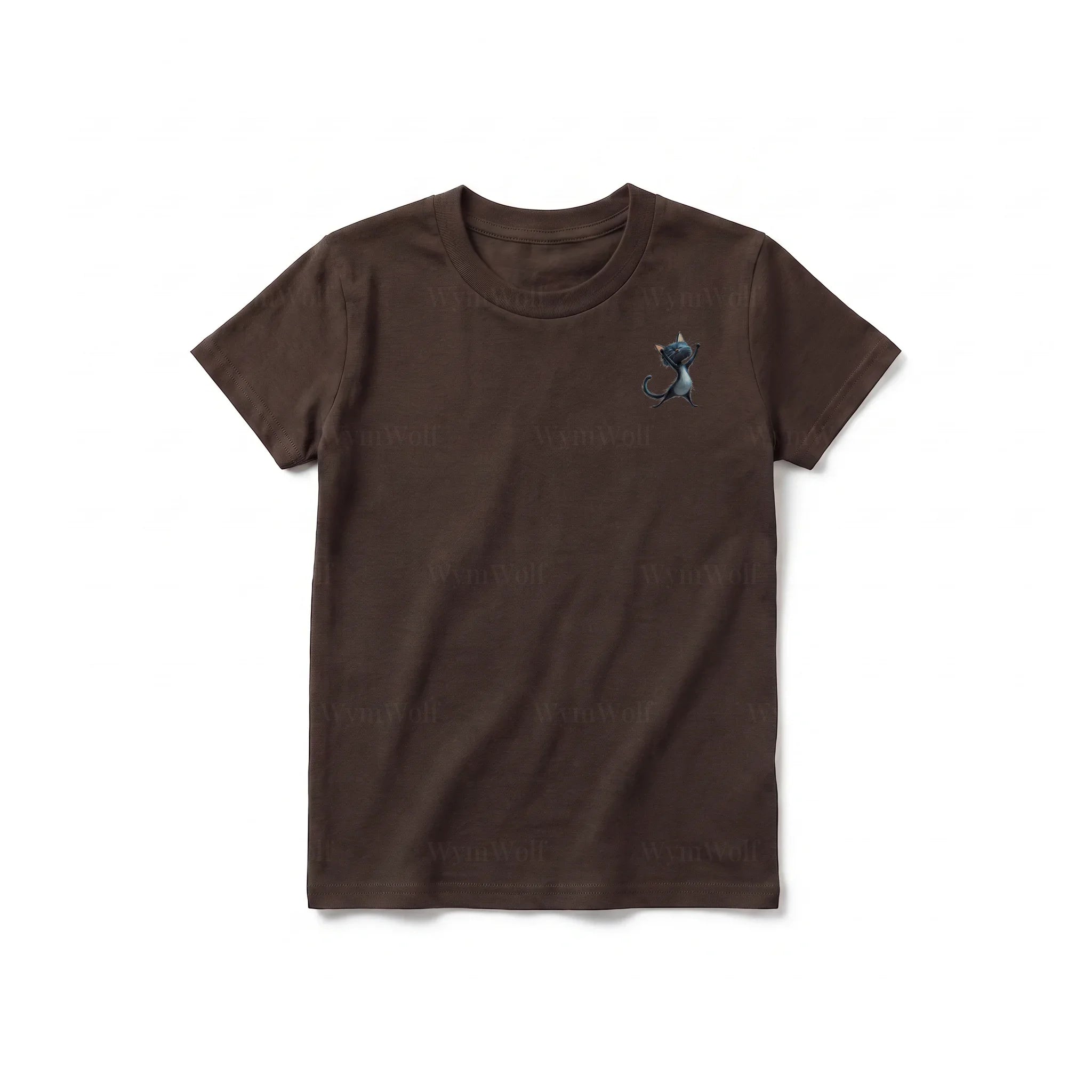 A chocolate short-sleeve crewneck t-shirt for youth featuring a graphic of a cat on the left chest.