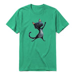 A kelly short-sleeve crewneck t-shirt for adult featuring a graphic of a cat on the front.