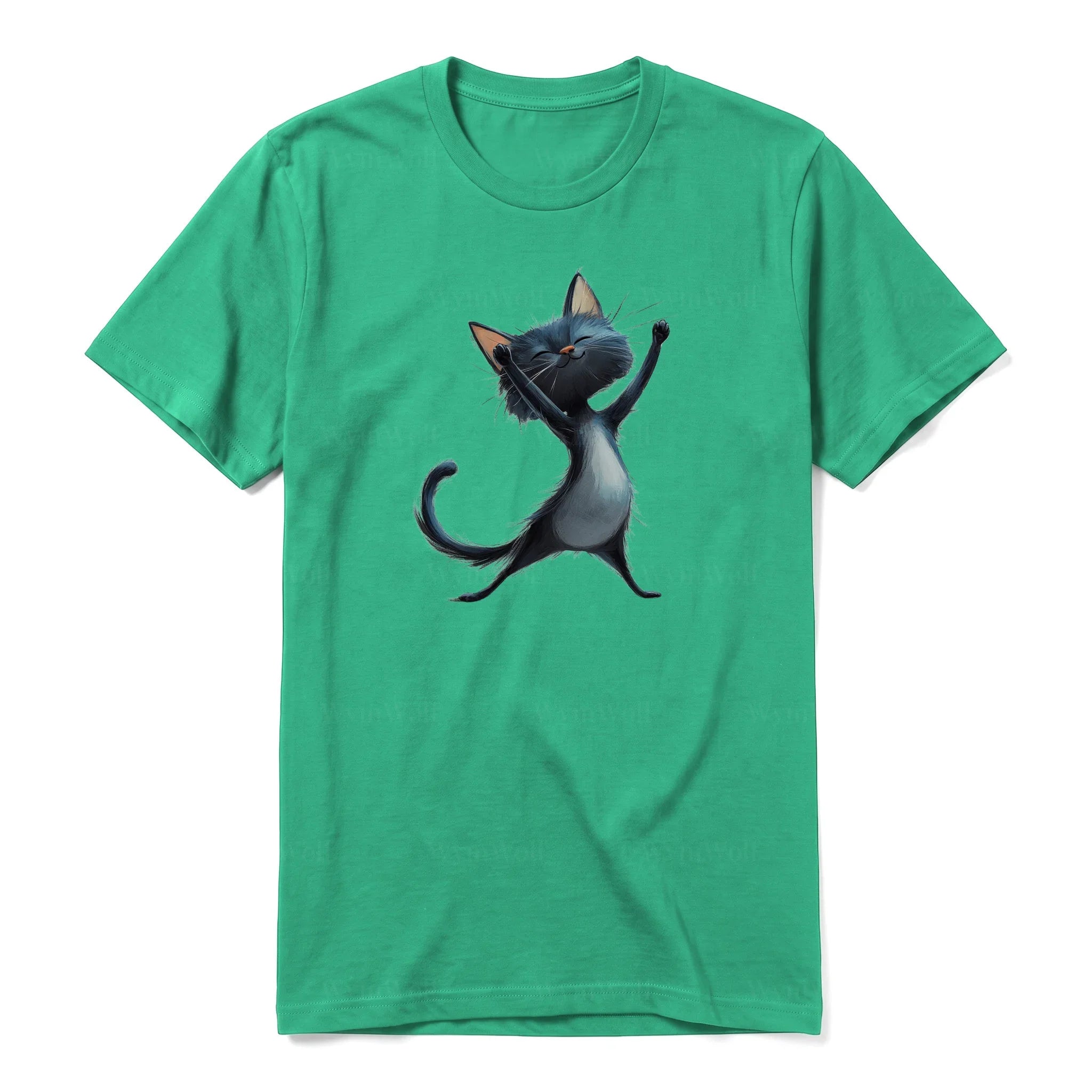 A kelly short-sleeve crewneck t-shirt for adult featuring a graphic of a cat on the front.