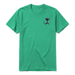 A kelly short-sleeve crewneck t-shirt for adult featuring a graphic of a cat on the left chest.