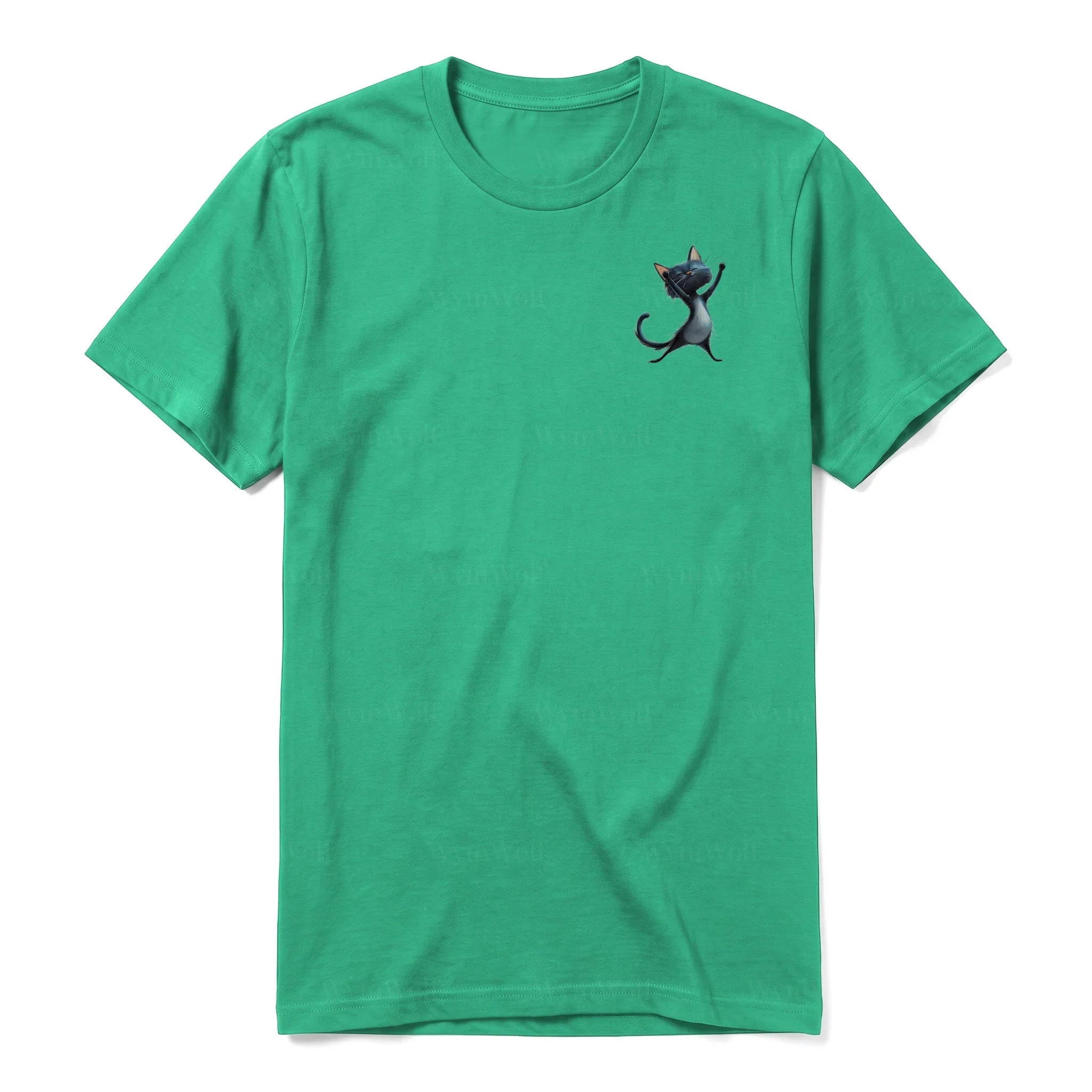 A kelly short-sleeve crewneck t-shirt for adult featuring a graphic of a cat on the left chest.