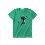 A kelly short-sleeve crewneck t-shirt for youth featuring a graphic of a cat on the front.