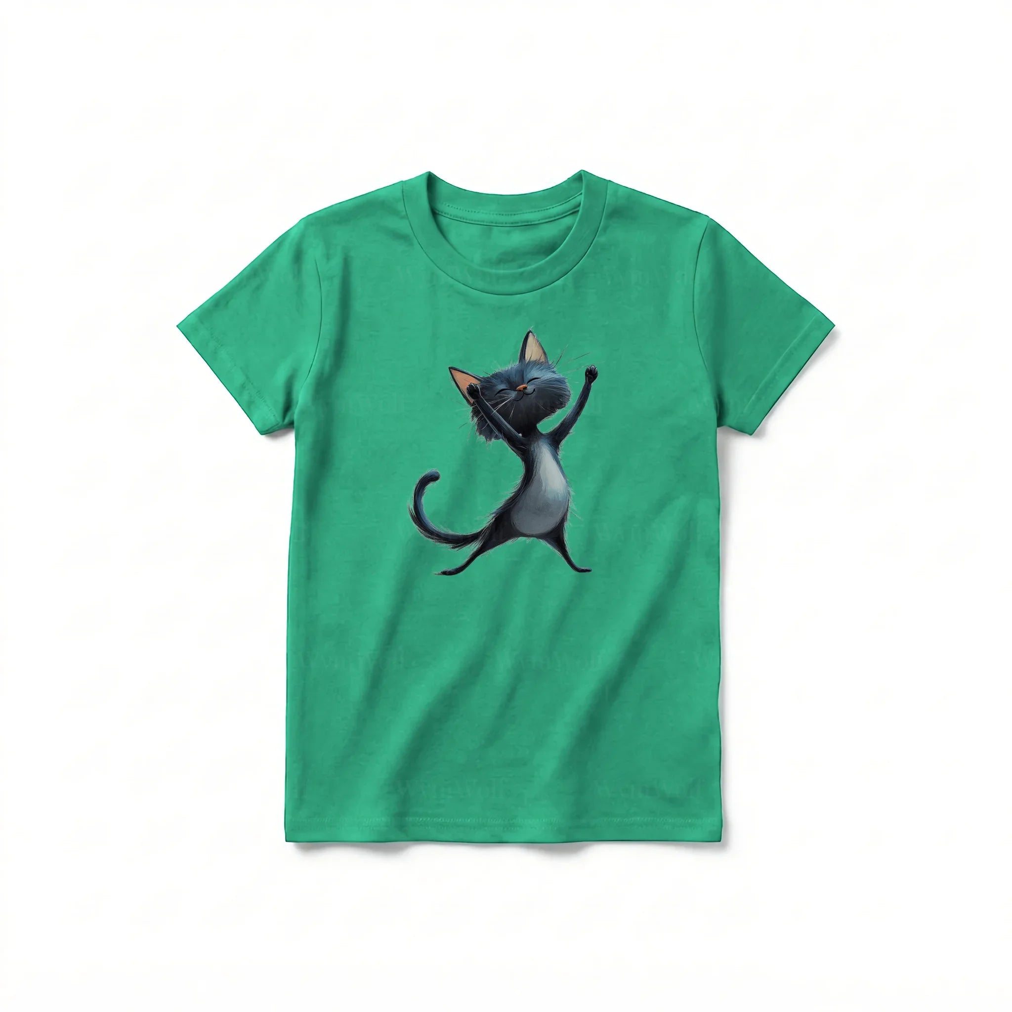 A kelly short-sleeve crewneck t-shirt for youth featuring a graphic of a cat on the front.