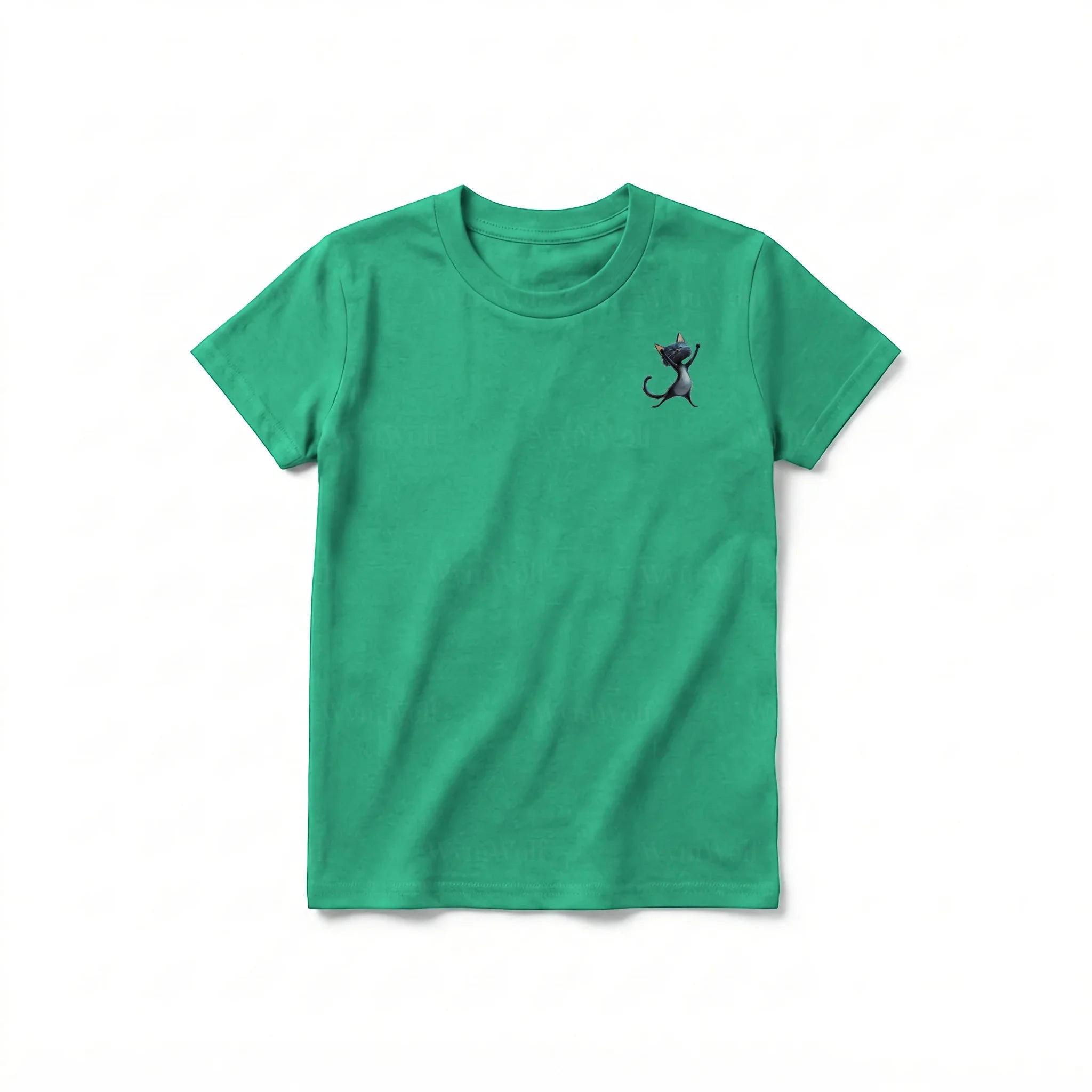 A kelly short-sleeve crewneck t-shirt for youth featuring a graphic of a cat on the left chest.