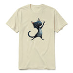 A latte short-sleeve crewneck t-shirt for adult featuring a graphic of a cat on the front.
