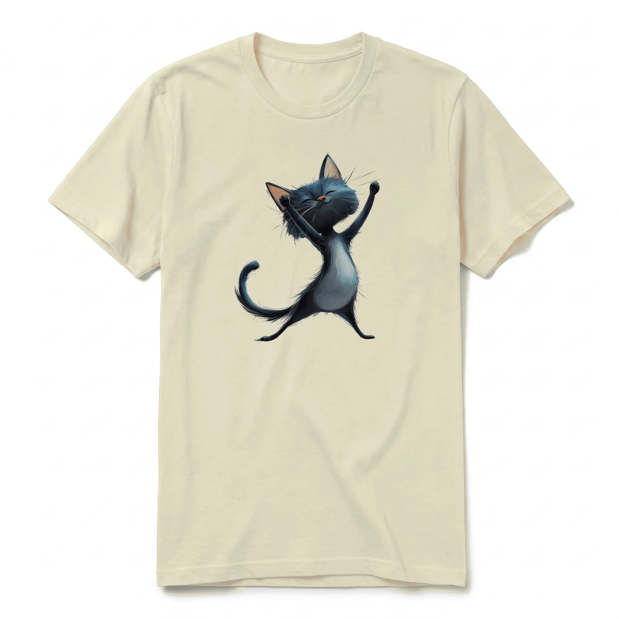 A latte short-sleeve crewneck t-shirt for adult featuring a graphic of a cat on the front.