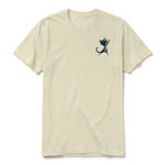 A latte short-sleeve crewneck t-shirt for adult featuring a graphic of a cat on the left chest.