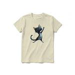 A latte short-sleeve crewneck t-shirt for youth featuring a graphic of a cat on the front.