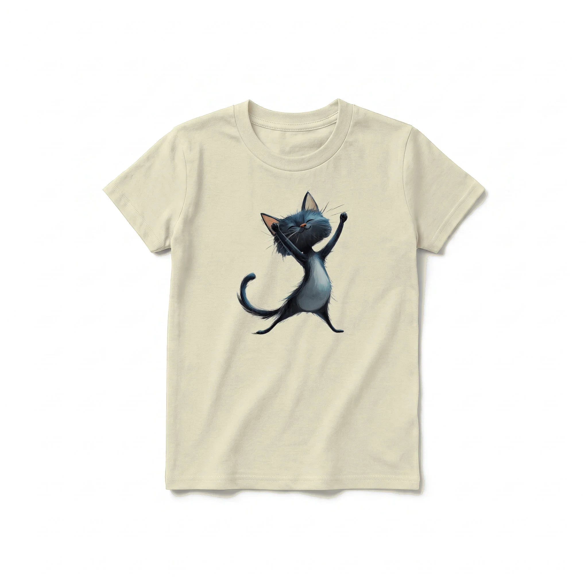 A latte short-sleeve crewneck t-shirt for youth featuring a graphic of a cat on the front.
