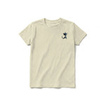A latte short-sleeve crewneck t-shirt for youth featuring a graphic of a cat on the left chest.