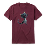 A maroon short-sleeve crewneck t-shirt for adult featuring a graphic of a cat on the front.