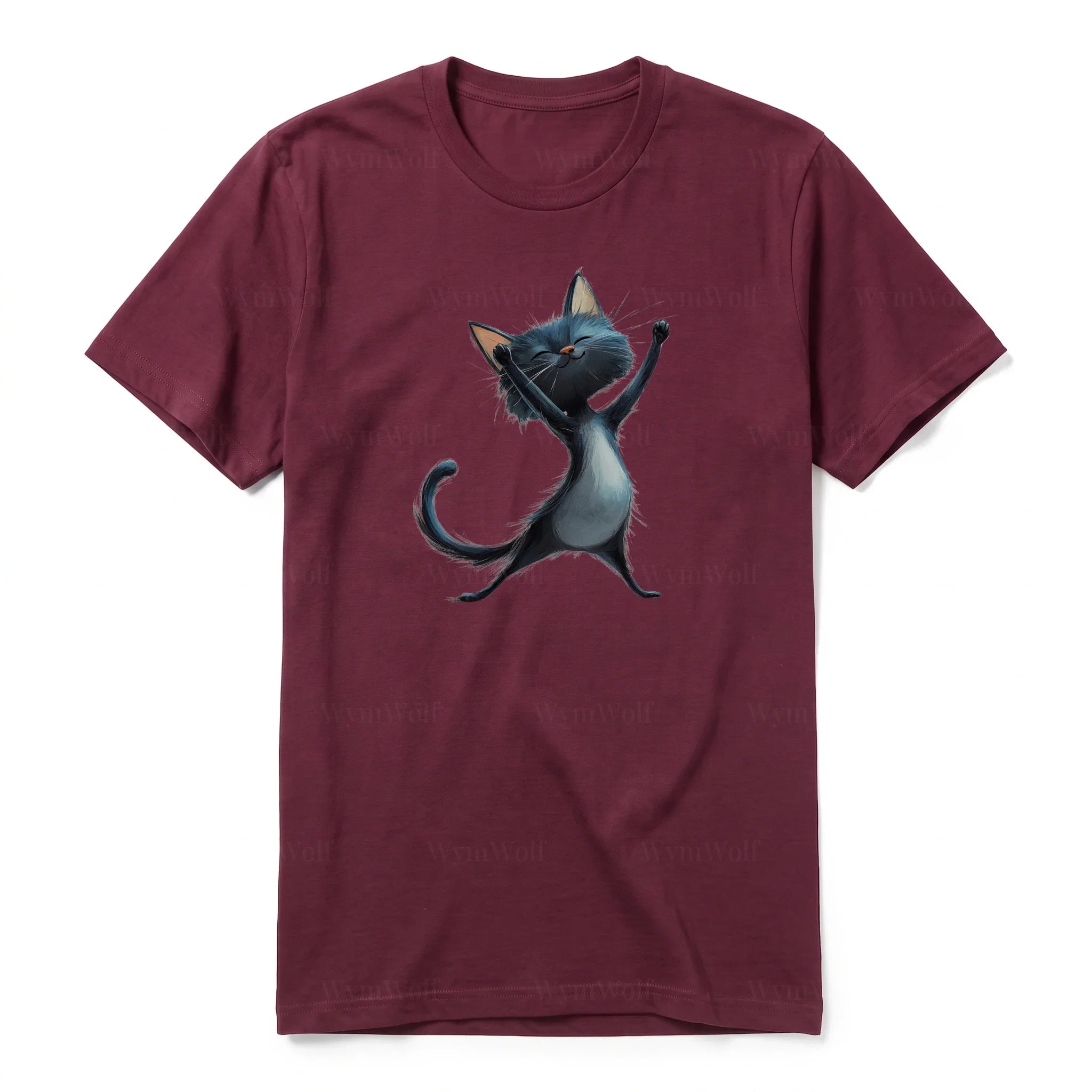 A maroon short-sleeve crewneck t-shirt for adult featuring a graphic of a cat on the front.