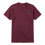A maroon short-sleeve crewneck t-shirt for adult featuring a graphic of a cat on the left chest.