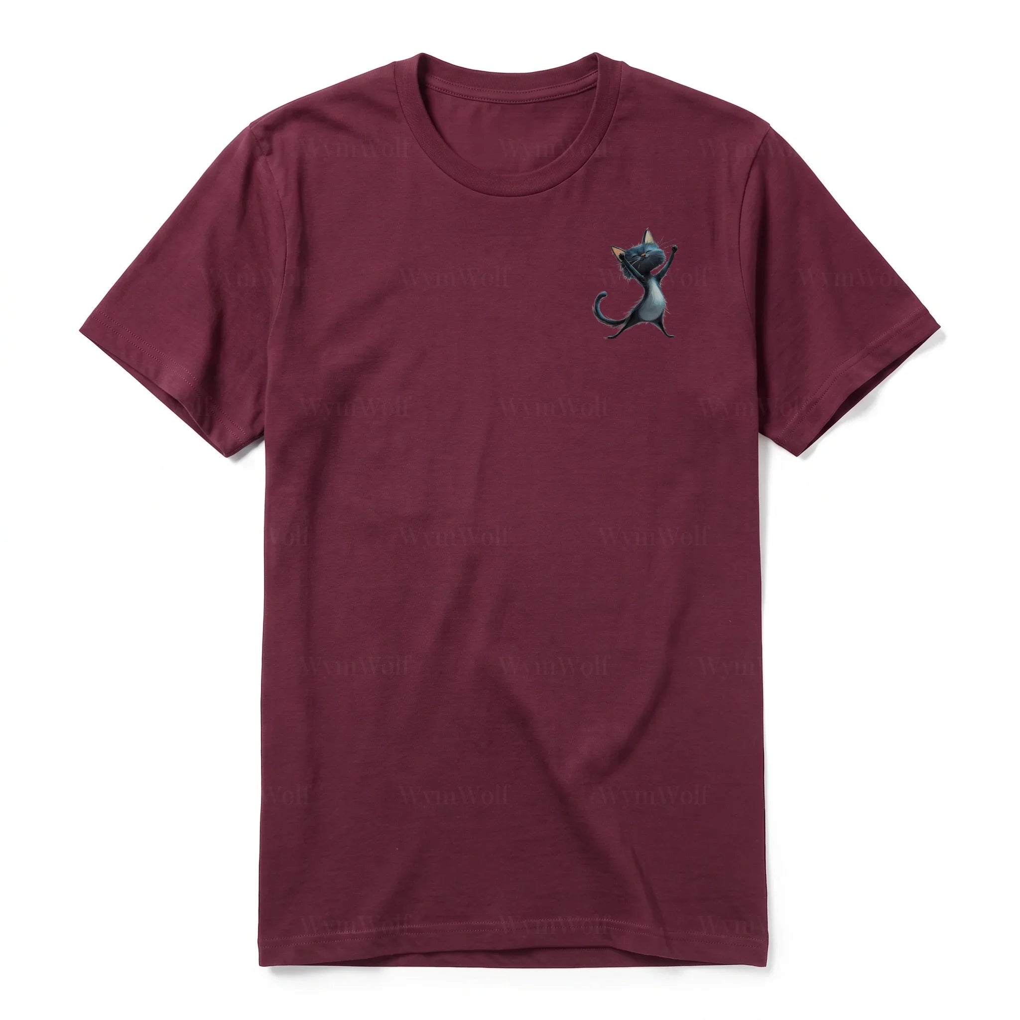 A maroon short-sleeve crewneck t-shirt for adult featuring a graphic of a cat on the left chest.