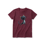 A maroon short-sleeve crewneck t-shirt for youth featuring a graphic of a cat on the front.