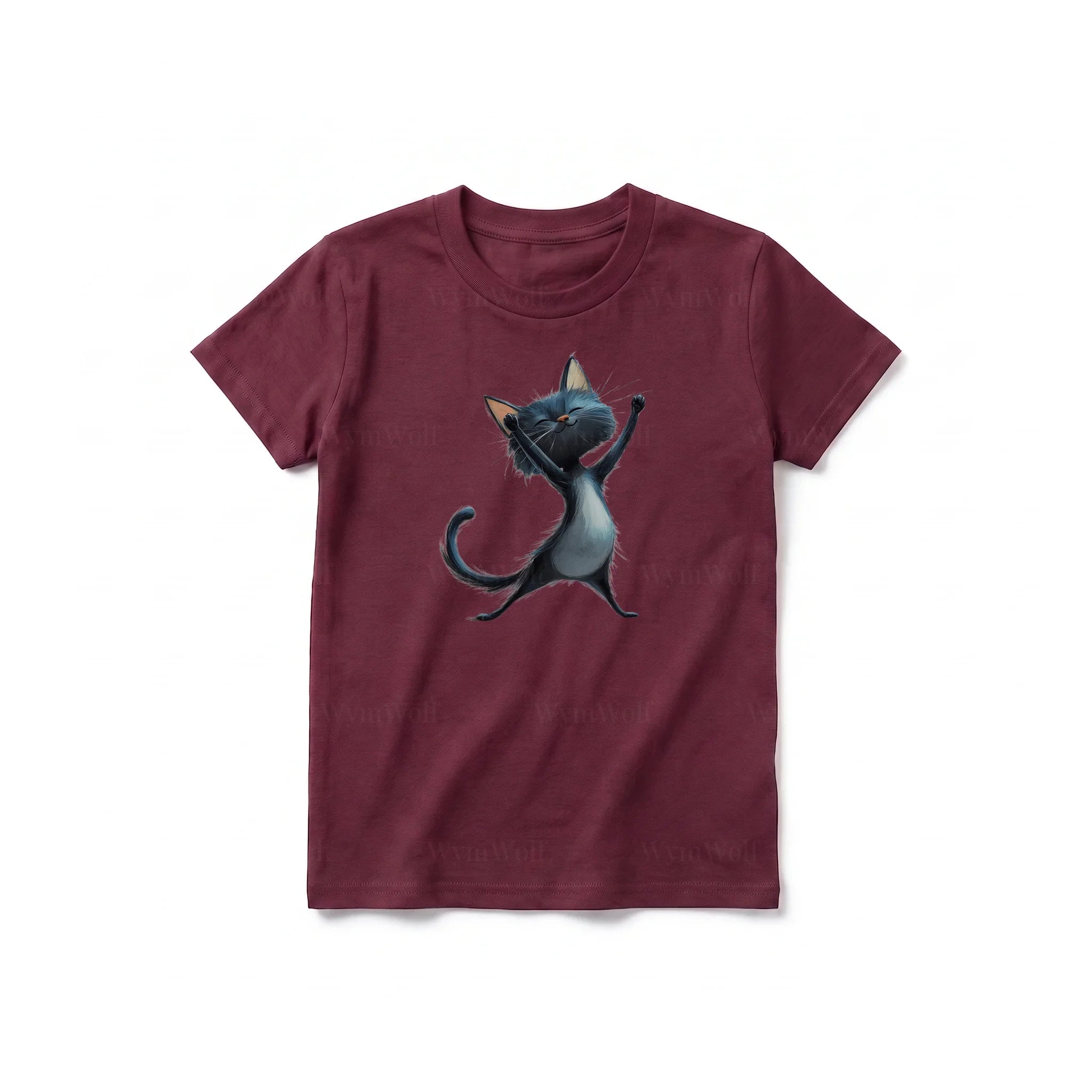 A maroon short-sleeve crewneck t-shirt for youth featuring a graphic of a cat on the front.