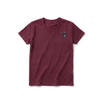 A maroon short-sleeve crewneck t-shirt for youth featuring a graphic of a cat on the left chest.