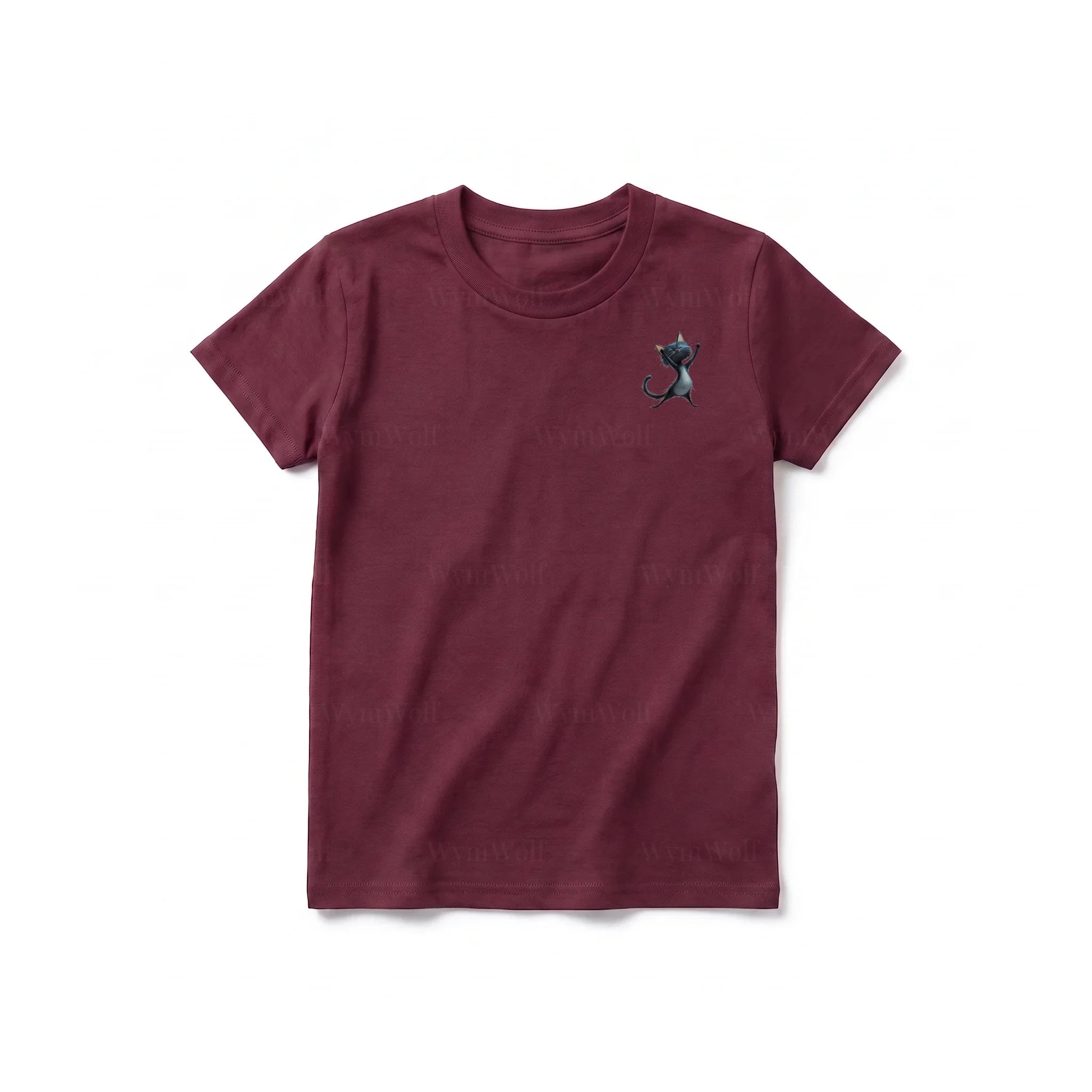 A maroon short-sleeve crewneck t-shirt for youth featuring a graphic of a cat on the left chest.