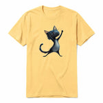 A mustard short-sleeve crewneck t-shirt for adult featuring a graphic of a cat on the front.