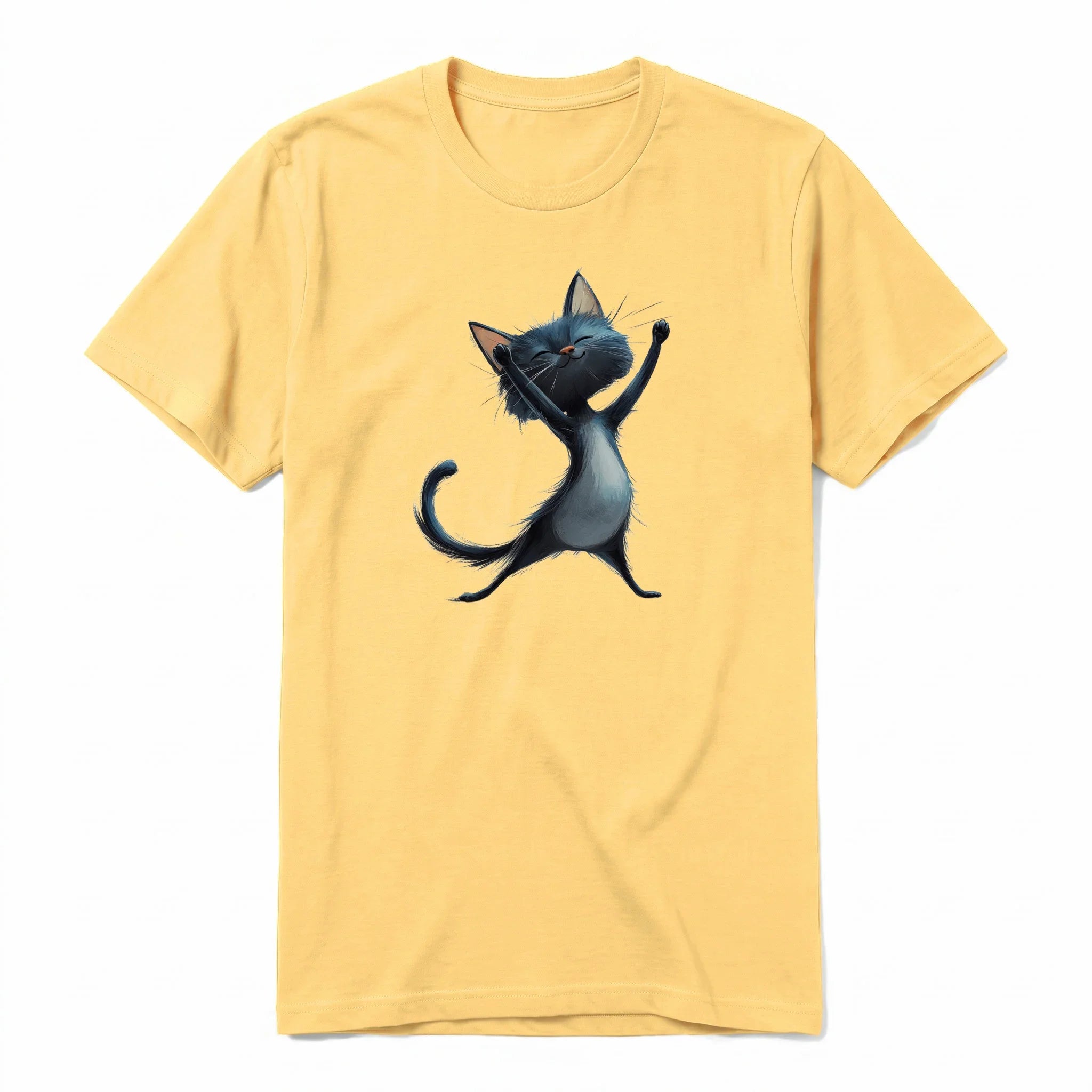 A mustard short-sleeve crewneck t-shirt for adult featuring a graphic of a cat on the front.