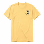 A mustard short-sleeve crewneck t-shirt for adult featuring a graphic of a cat on the left chest.