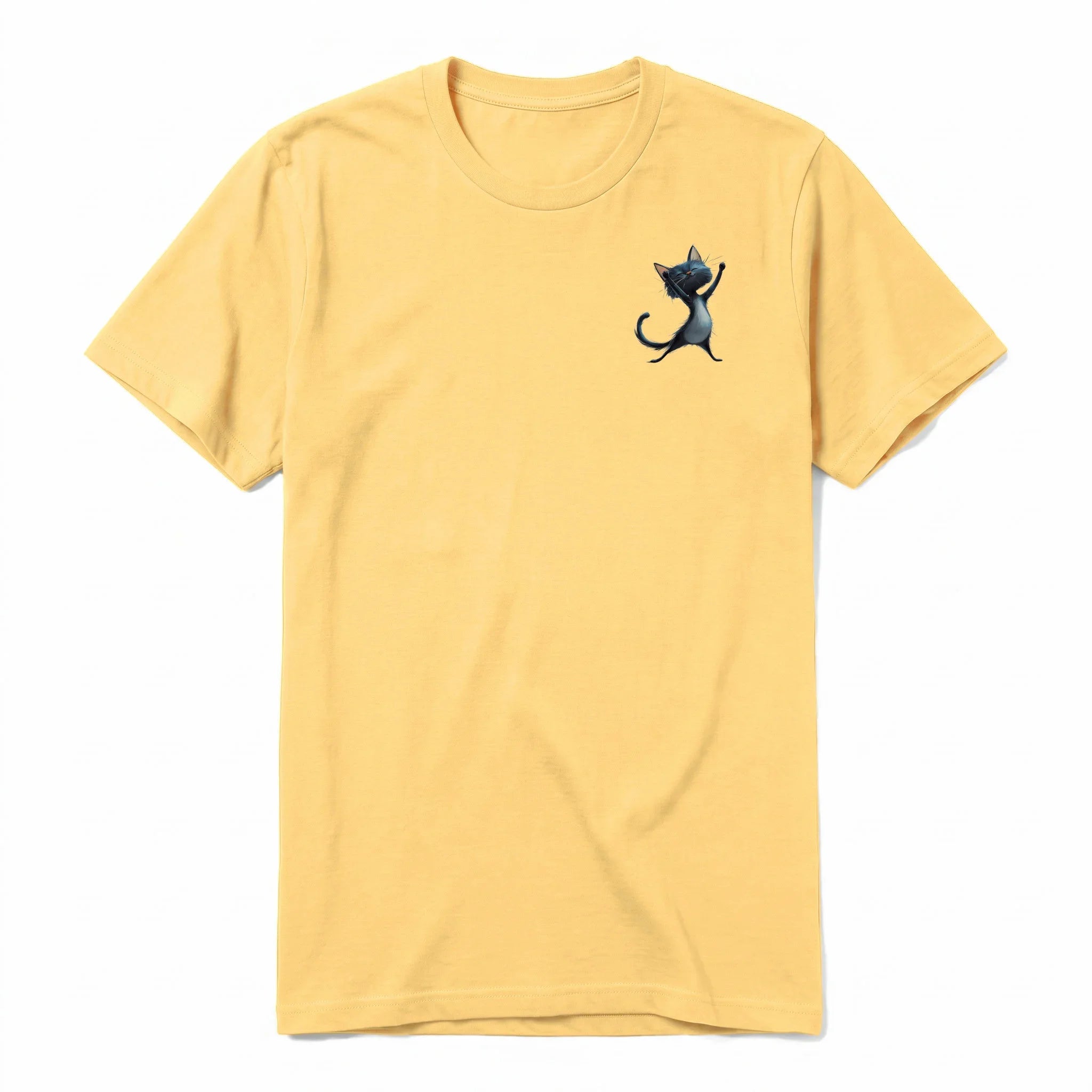 A mustard short-sleeve crewneck t-shirt for adult featuring a graphic of a cat on the left chest.