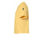 A mustard short-sleeve crewneck t-shirt  featuring a small graphic of a cat on the upper left sleeve.