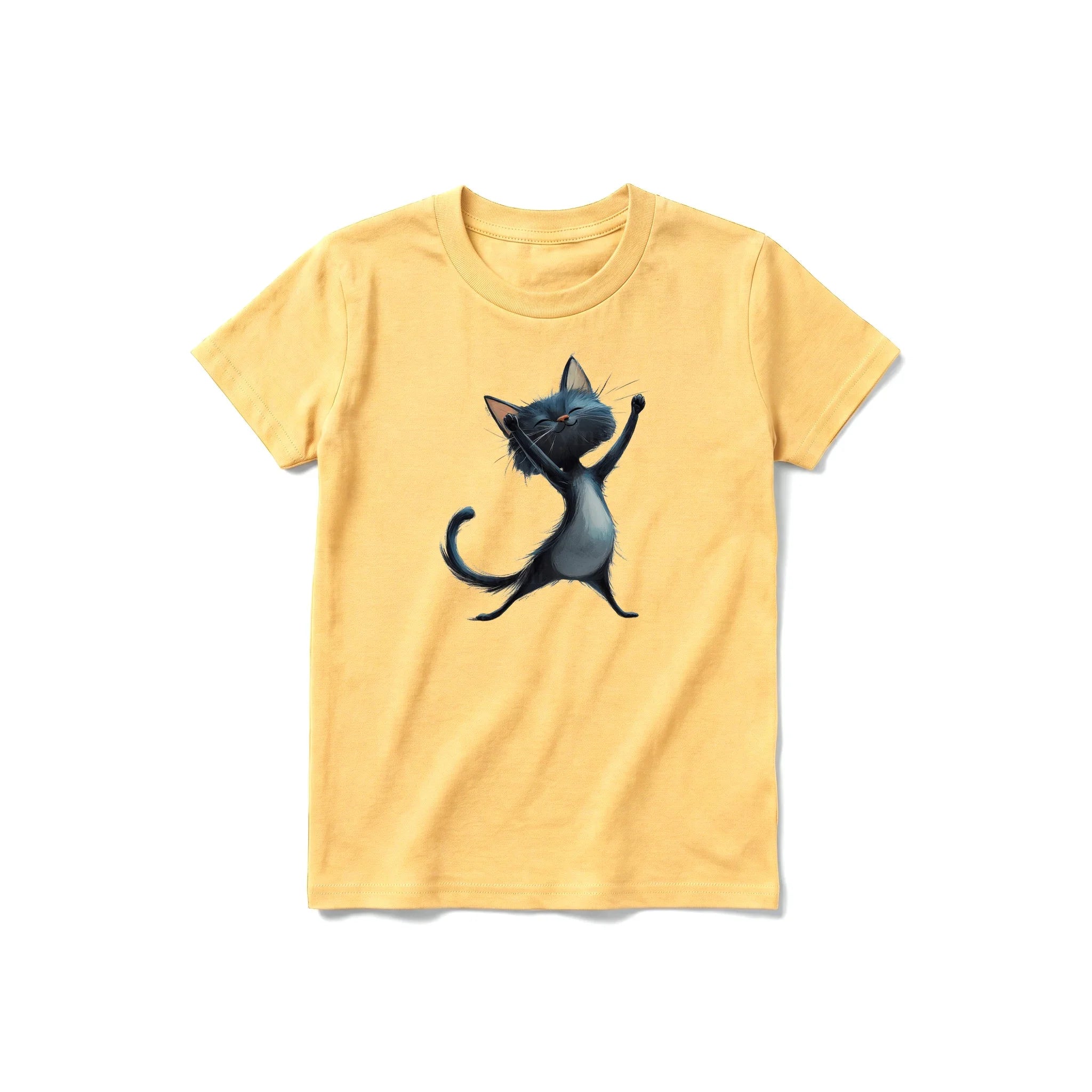 A mustard short-sleeve crewneck t-shirt for youth featuring a graphic of a cat on the front.