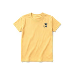 A mustard short-sleeve crewneck t-shirt for youth featuring a graphic of a cat on the left chest.