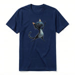 A navy short-sleeve crewneck t-shirt for adult featuring a graphic of a cat on the front.