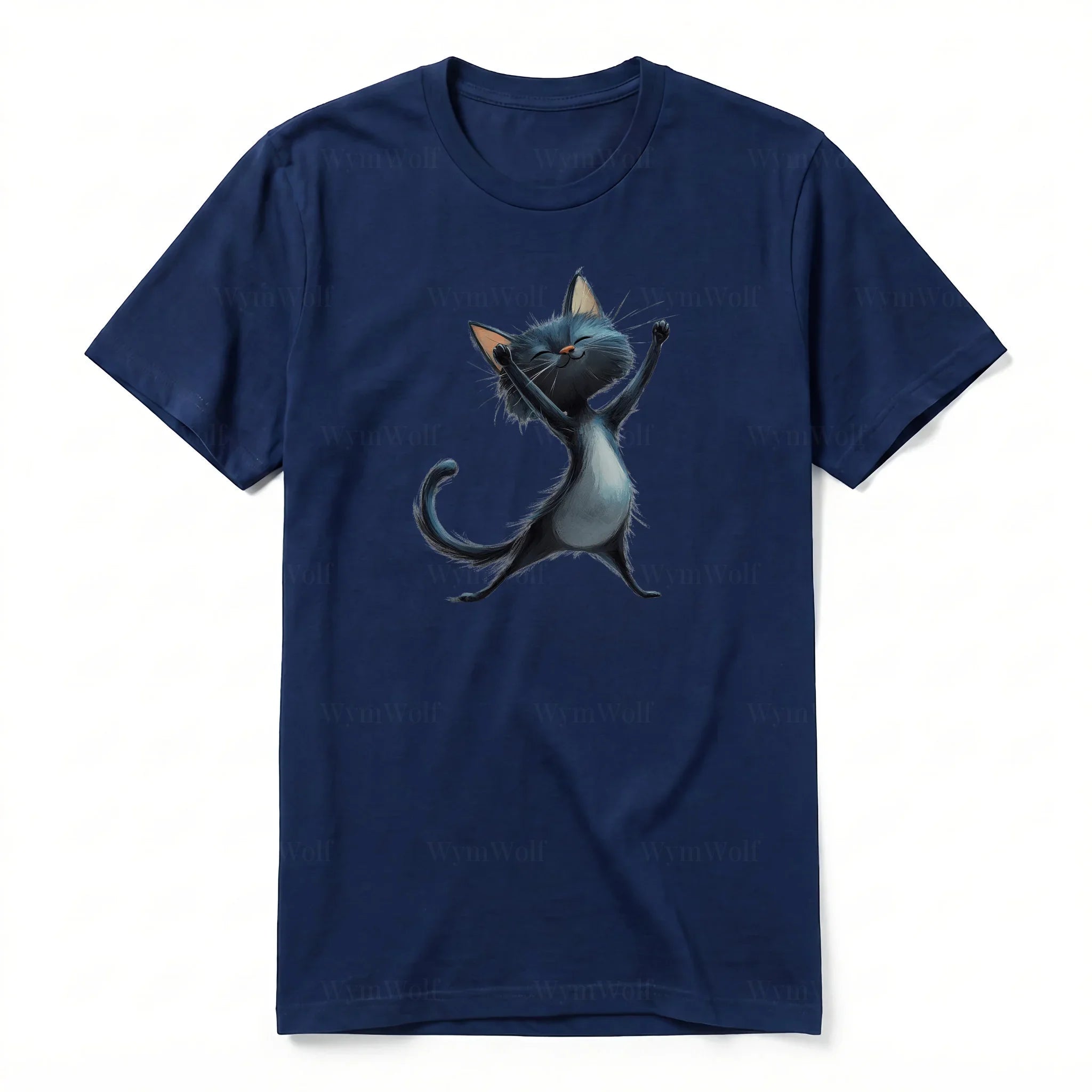 A navy short-sleeve crewneck t-shirt for adult featuring a graphic of a cat on the front.