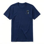 A navy short-sleeve crewneck t-shirt for adult featuring a graphic of a cat on the left chest.