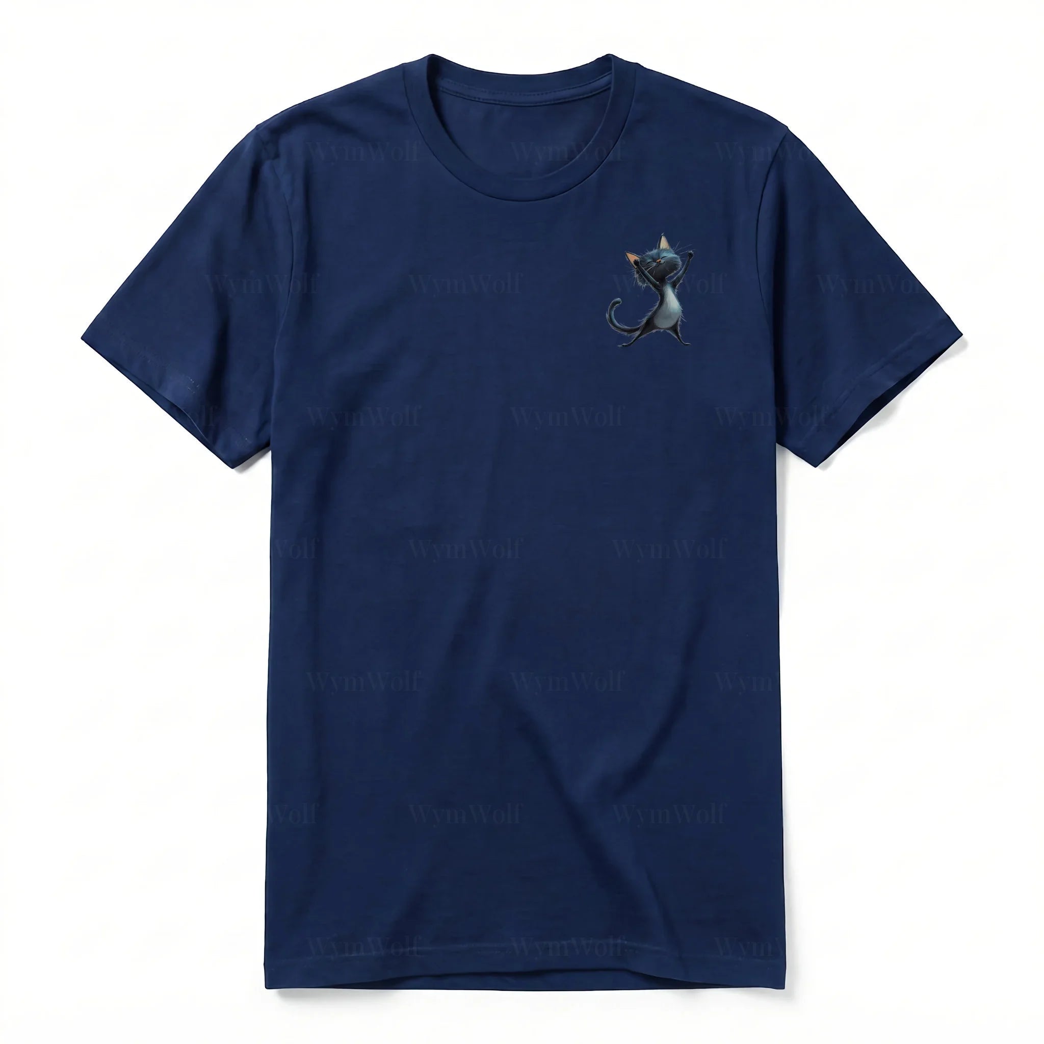 A navy short-sleeve crewneck t-shirt for adult featuring a graphic of a cat on the left chest.