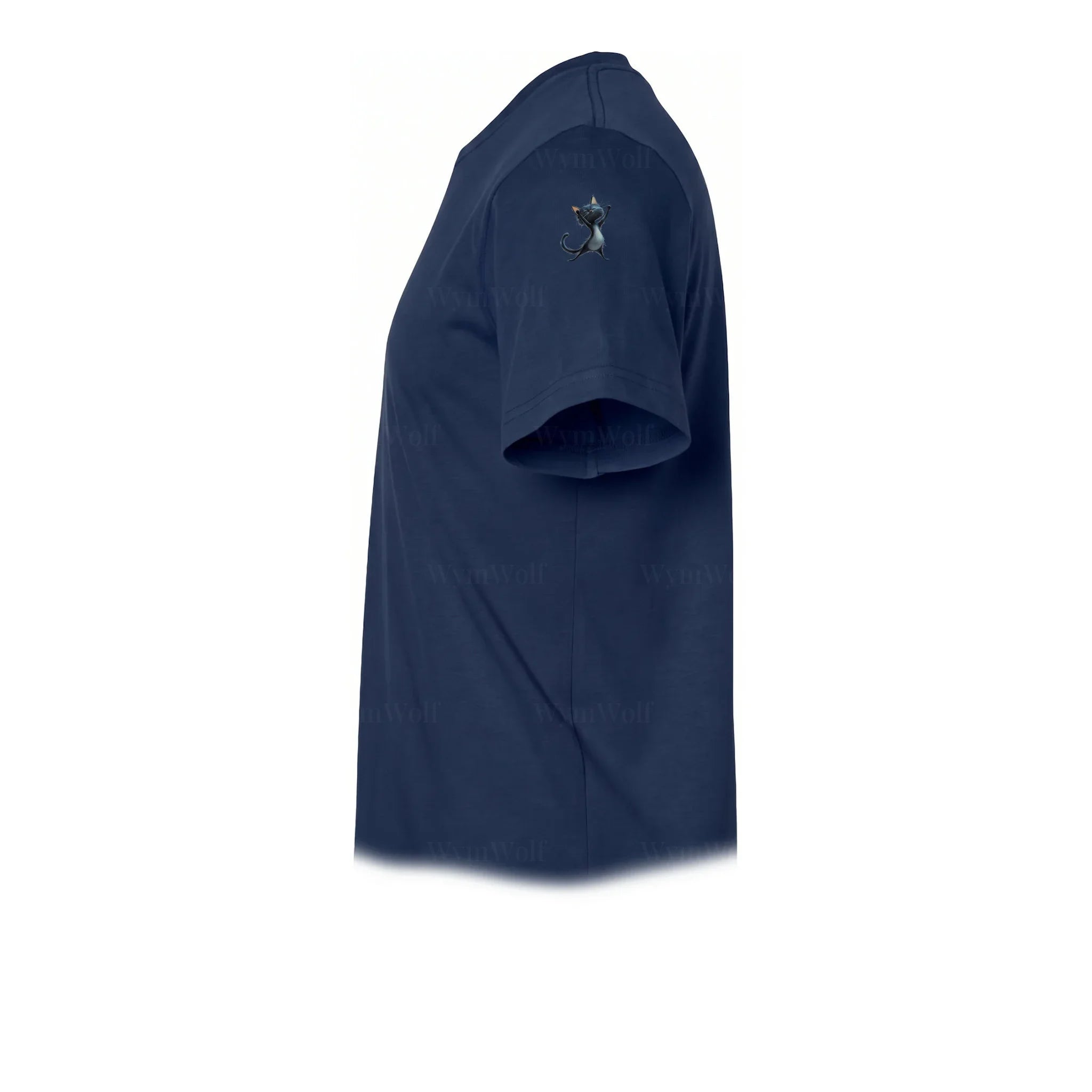 A navy short-sleeve crewneck t-shirt  featuring a small graphic of a cat on the upper left sleeve.
