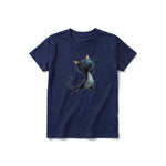 A navy short-sleeve crewneck t-shirt for youth featuring a graphic of a cat on the front.