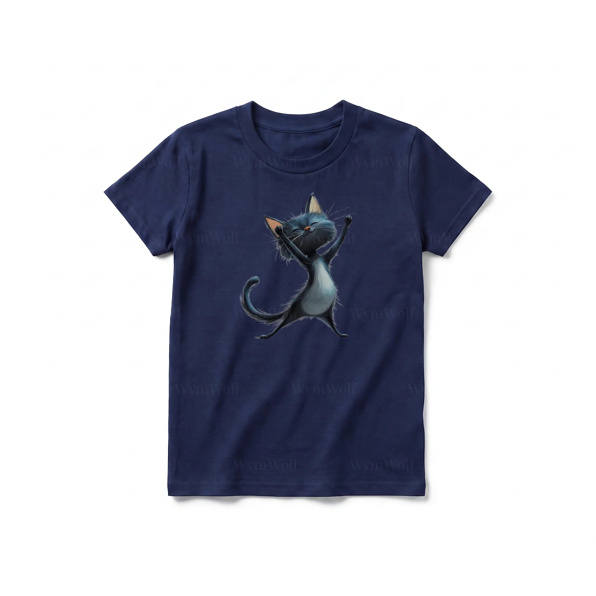 A navy short-sleeve crewneck t-shirt for youth featuring a graphic of a cat on the front.